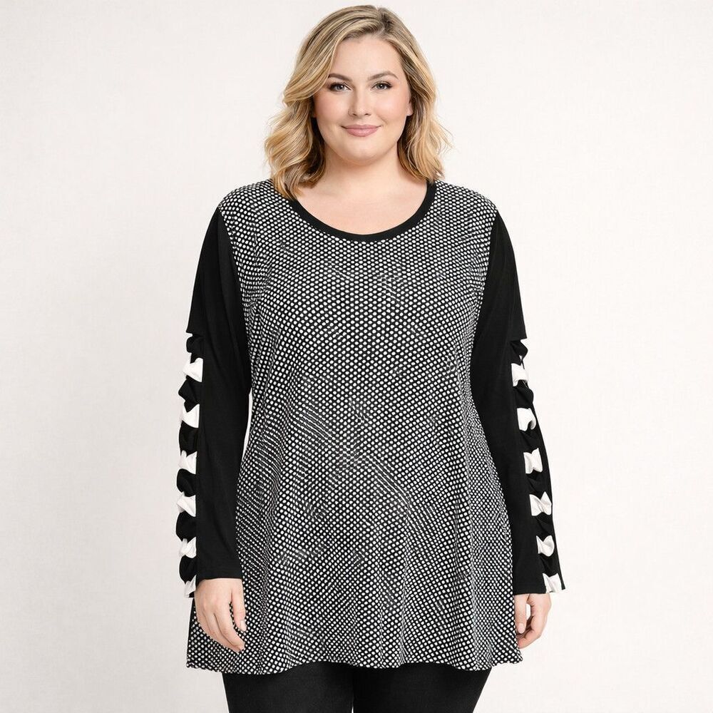 Calessa Tunic Blouse Womens 1X Plus Black White Polka Dot Long Bow Sleeve Top